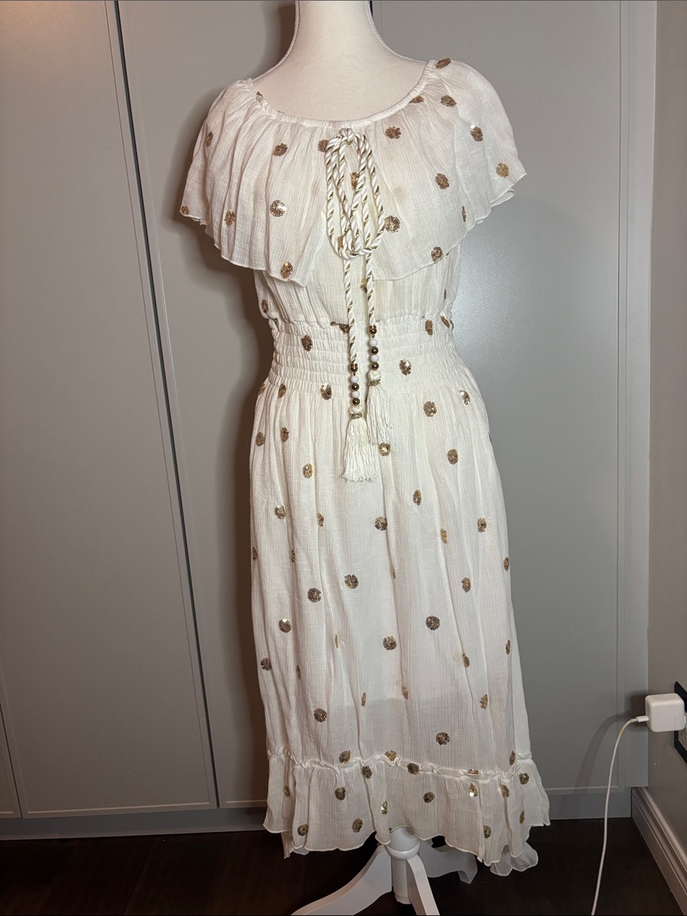 Cream Maxi Dress with Rosegold Polka Dots and Tassel Tie